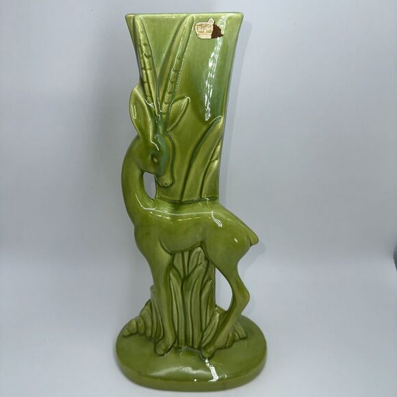 Royal Haegar Gazelle Vase 15" Green Stickered Boho Chic Vintage Deer Countryside - Picture 3 of 11